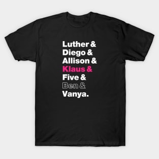 Umbrella Academy Character Names - Pink Klaus Hargreeves, Ben Hargreeves Outline T-Shirt